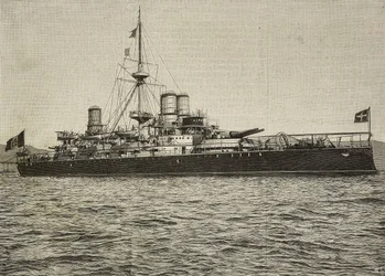 Slagschip Sardegna in zeiltrim, Italië, gravure van foto door Conti Vecchi uit L