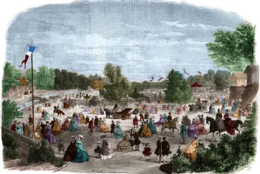 Mooie dagen in het Bois de Boulogne in Parijs. Gravure in 