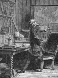 Benjamin Franklin in zijn natuurkundelaboratorium in Philadelphia. In 