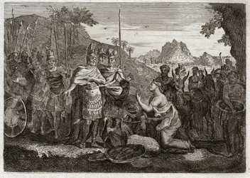 Bijbel van Royaumont, Oude Testament: Abigail. Abigail, de vrouw van Nabal, kalmeert Davids woede met haar wijsheid. Illustratie uit 1811.