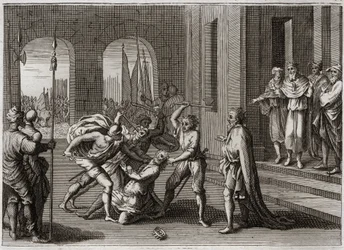 Bijbel van Royaumont, Oude Testament: Agag gespaard. Saul spaarde, tegen Gods bevel in, Agag, koning van de Amalekieten. God toont zijn woede door Samuel, die Sauls fout herstelde door Agag te doden. Illustratie uit 1811.