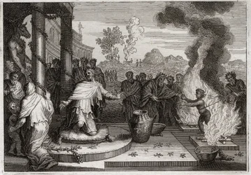 Bijbel van Royaumont, Oude Testament: Ahaz Onheilige Koning. De slechte Ahaz, koning van Juda, irriteert God en wordt aan de vijanden overgeleverd. Illustratie uit 1811.