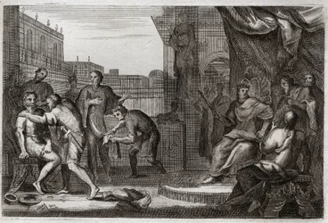 Bijbel van Royaumont, Oude Testament: Ambassadeurs van David. David stuurde Joab tegen de Ammonieten om wraak te nemen voor de belediging die Hanon, hun prins, zijn ambassadeurs had aangedaan, die hij voor spionnen had aangezien. Illustratie uit 1811.