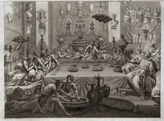 Bijbel van Royaumont, Oude Testament: Balthazar veroordeelt. Koning Balthazar (Belshatsar) ziet aan tafel een hand die in drie woorden het einde van zijn vonnis schrijft. Illustratie uit 1811.