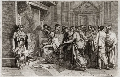 Bijbel van Royaumont, Oude Testament: Baruch profeet. Koning Jojakim (Joachim, Joachin, Jechonias) snijdt de rol met de profetieën van Jeremia, opgeschreven door zijn leerling Baruch (Baruch ben Neria), in stukken en gooit deze in het vuur. Illustratie uit
