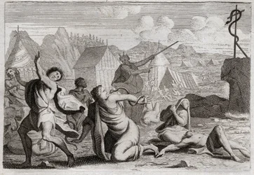 Bijbel van Royaumont, Oude Testament: Koperen slang. Het volk mopperde tegen God en tegen Mozes, en werd gestraft door vurige slangen; van wie ze gewond waren door een koperen slang, die Mozes had opgericht om door het hele volk gezien te worden. Illustrat