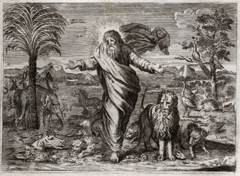 Bijbel van Royaumont, Oude Testament: Schepping van de Wereld. God haalt Hemel en Aarde uit het niets, en in zes dagen versiert Hij het en bevolkt het met wezens van allerlei soorten. Illustratie uit 1811.