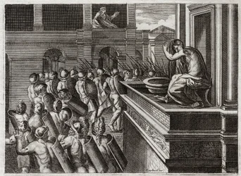 Royaumont Bijbel, Oude Testament: Misdaad van David of Bathseba in het bad. David zag Bathseba van verre, de vrouw van Uria de Hethiet, baden, en kreeg een slechte begeerte naar haar, en doodde toen haar man Uria. Illustratie