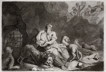 Bijbel van Royaumont, Oude Testament: Daniël in de leeuwenkuil. Daniël wordt in de leeuwenkuil gegooid en wordt wonderbaarlijk gered. Illustratie uit 1811.
