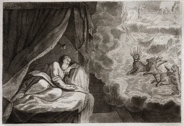 Bijbel van Royaumont, Oude Testament: Daniëls visioen van de vier monarchieën van Assyriërs, Perzen, Grieken en Romeinen. Ze zien vier monsters: Haniel, Kafziel, Azriel, Aniel. Illustratie uit 1811.