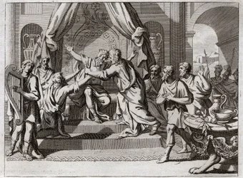 Bijbel van Royaumont, Oude Testament: David speelt de harp. Saul, door God verworpen, wordt gegrepen door de kwade geest. We zoeken een man die de harp kan bespelen om hem in zijn kwaad te verlichten. Illustratie uit 1811.