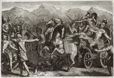 Royaumont Bijbel, Oude Testament: Dood van Achab. Achab voerde oorlog tegen Syrië en werd gedood door een willekeurige pijl. Illustratie uit 1811.