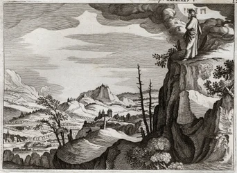 Bijbel van Royaumont, Oude Testament: De dood van Mozes. God toont Mozes het land Kanaän vanaf de top van de berg Nebo, waar hij sterft. Illustratie uit 1811.