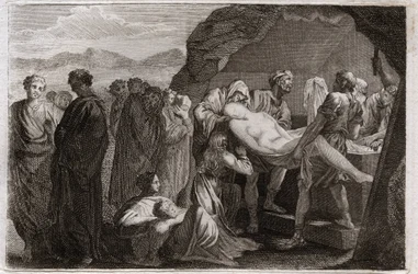 Bijbel van Royaumont, Oude Testament: Dood van Sara. Sara (Sarah) sterft. Abraham koopt een graf uit de stad Geth om haar te begraven. Illustratie uit 1811.