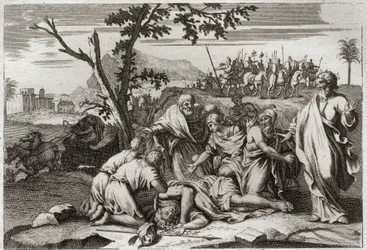 Bijbel van Royaumont, Oude Testament: Dood van de slechte Antiochus. De verschrikkelijke dood van koning Antiochus IV Epiphanes (175-164 v.Chr.) na een val van een paard. Illustratie uit 1811