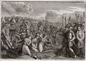 Bijbel van Royaumont, Oude Testament: Vernietiging van Hai. Jozua, na de verwoesting van Jericho, valt de stad Hai aan, waar hij eerst wordt teruggedreven vanwege de misdaad van Akan, maar na de straf van Akan neemt hij de stad in. Illustratie uit 1811