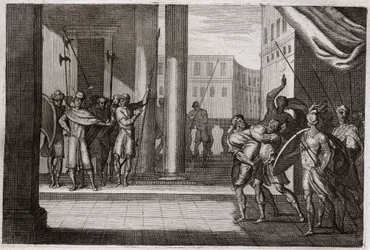 Bijbel van Royaumont, Oude Testament: Dina ging uit nieuwsgierigheid de vrouwen van Sichem (of Sichem) bekijken, en de koning van die stad had haar geweld aangedaan, haar broers namen wraak en doodden alle mensen van Sichem met de koning. Illustratie uit 1
