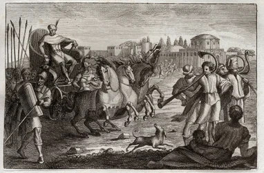 Bijbel van Royaumont, Oude Testament: Verheffing van Jozef. Jozef wordt in glorie verheven. Illustratie uit 1811.