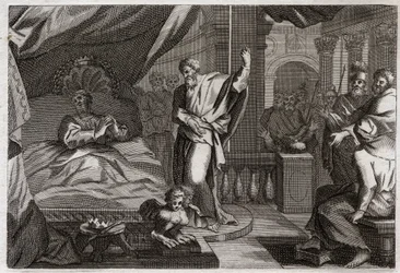 Bijbel van Royaumont, Oude Testament: Ezechias ontvangt gezondheid. Koning Ezechias was doodziek, ontving gezondheid en nog vijftien jaar leven. De profeet Jesaja kondigt zijn oorlog aan: het teken zal zijn om de schaduw van de klok tien graden terug te du