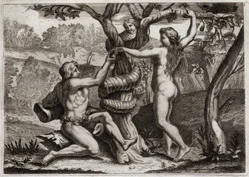 Bijbel van Royaumont, Oude Testament: De Val van Adam. De demon onder de gedaante van een slang spreekt tot Eva en verleidt haar om verboden vrucht te eten: Eva valt en veroorzaakt ook de val van Adam. Illustratie uit 1811.