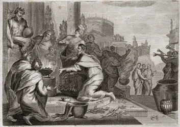 Bijbel van Royaumont, Oude Testament: Val van Salomo. Salomo wordt gecorrumpeerd door vrouwen en offert wierook aan de afgoden van de valse goden. Zijn dood. Illustratie uit 1811.