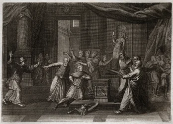 Bijbel van Royaumont, Oude Testament: Generositeit van Matathias. Matathias, vader van de Makkabeeën, doodt een Jood die aan afgoden offerde uit heilige ijver voor de wet van God. Illustratie uit 1811.