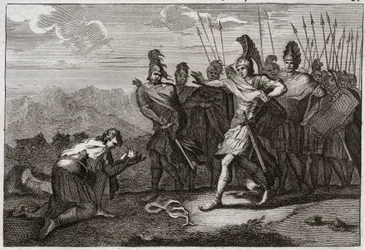 Bijbel van Royaumont, Oude Testament: Hoofd van Saul. De Filistijnen genieten van Sauls dood en bieden zijn hoofd aan hun afgod. David betreurt zijn dood en gaat naar Judea, waar hij in Hebron als koning wordt erkend. Illustratie uit 1811.