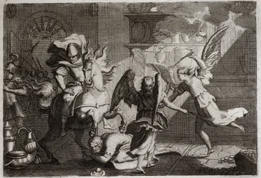 Bijbel van Royaumont, Oude Testament: Heliodorus verjaagt de tempel. Heliodorus, gestuurd door zijn heerser om de Tempel van Jeruzalem te plunderen, werd met stokken geslagen door engelen. Illustratie uit 1811.