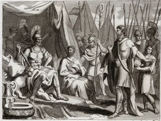 Bijbel van Royaumont, Oude Testament: Holoferne. Generaal van het leger van Nebukadnezar II, Holoferne nadert Judea. Ahior, koning van de Ammonieten, die hem kwam teruggeven, verheft voor Holoferne de macht van de God van de Joden. Illustratie uit 1811.