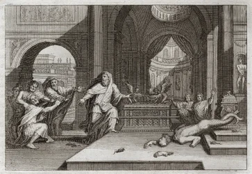 Bijbel van Royaumont, Oude Testament: afgod Dagon. Toen de Filistijnen de ark van het verbond in de tempel naast Dagon, hun god, plaatsten, bracht zij hun afgod ten val en sloeg hen allen met een zware pest, waardoor zij gedwongen werden haar weg te