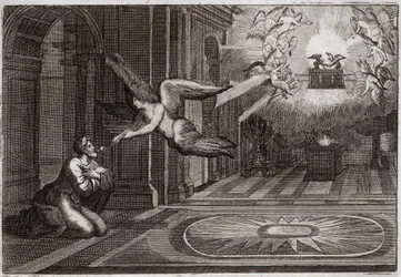 Royaumont Bijbel, Oude Testament: Jesaja profeet. Een serafijn nam met zijn tang een brandende kool van het altaar en raakte de lippen van deze heilige profeet aan om hem van al zijn vlekken te zuiveren. Illustratie uit 1811.