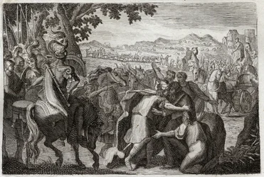 Royaumont Bijbel, Oude Testament: Jakob gaat naar Egypte. Jakob gaat Jozef zoeken met zijn hele familie. Illustratie uit 1811.