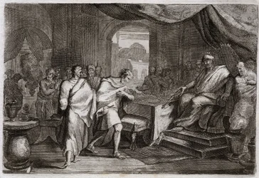 Bijbel van Royaumont, Oude Testament: Joachim bevrijd uit ketenen. Evilmerodach, koning van Babylon, behandelt Joachim, de voormalige koning van Juda, goed na de dood van Nebukadnezar II en bevrijdt hem uit ketenen. Illustratie uit 1811.