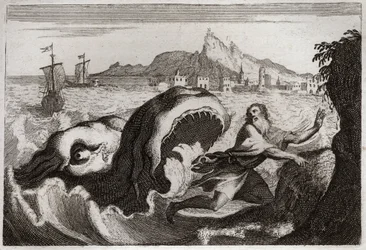 Bijbel van Royaumont, Oude Testament: Jona in de walvis. Profeet Jonas leeft in een walvis en komt er levend uit. Illustratie uit 1811.