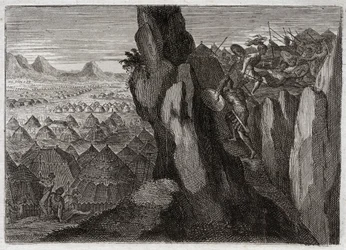 Bijbel van Royaumont, Oude Testament: Jonathan en zijn schildknaap. Jonathan, de zoon van koning Saul, gaat alleen met zijn schildknaap het kamp van de Filistijnen binnen en jaagt hen op de vlucht. Illustratie uit 1811.