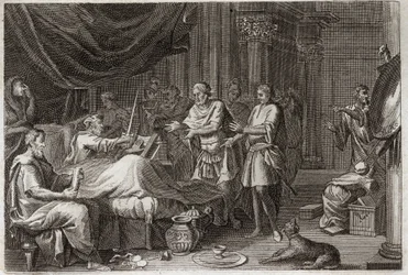 Bijbel van Royaumont, Oude Testament: Judas Makkabeüs. Judas Makkabeüs volgde zijn vader Matathias op in het bevel over het leger en steunde het Joodse volk tegen de onderdrukking van de Seleuciden. Illustratie uit 1811