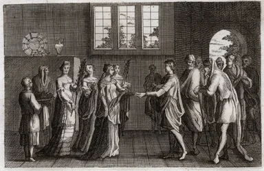 Bijbel van Royaumont, Oude Testament: Huwelijk van Isaac. Isaac, zoon van Abraham, trouwt met Rebecca. Illustratie uit 1811.