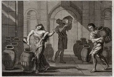 Royaumont Bijbel, Oude Testament: Wonder van Elisa. Een weduwe die door haar schuldeisers werd gekweld, gebruikte de liefdadigheid van Elisa. Deze profeet beval haar om veel vaten van haar buren te lenen, die ze vulde met olie uit een klein restant dat ze 