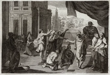 Royaumont Bijbel, Oude Testament: Mozes voor de farao. Mozes vraagt de farao om de Hebreeën de woestijn in te laten gaan om aan de Heer te offeren. Illustratie uit 1811.