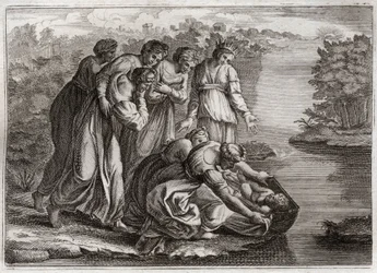 Royaumont Bijbel, Oude Testament: Mozes redt wateren. De dochter van de farao haalde Mozes uit de wateren van de Nijl en adopteerde hem als haar zoon. Illustratie uit 1811.