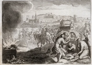 Bijbel van Royaumont, Oude Testament: Oza wordt door God getroffen. David wil de Ark van het Verbond naar huis brengen. Oza sterft omdat hij zijn hand uitstrekt om de ark tegen te houden. Illustratie uit 1811