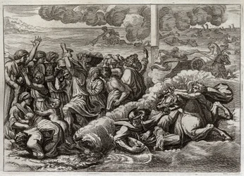 Bijbel van Royaumont, Oude Testament: Farao verdrinkt in de Rode Zee. De doortocht van de Rode Zee door Mozes en de Hebreeën, waarbij het leger van Farao verdrinkt. Illustratie uit 1811.