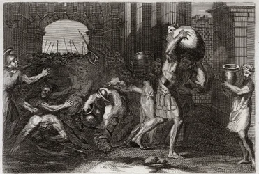 Royaumont Bijbel, Oude Testament: Voorspelling van Elisa. Een heer van Samaria, die de woorden van Elisa verkeerd had begrepen, wordt vertrapt aan zijn voeten. Illustratie uit 1811.