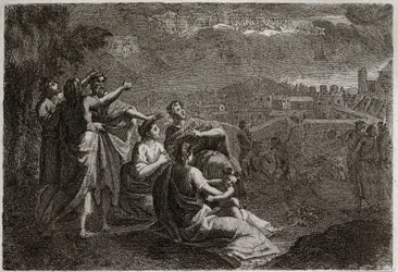 Bijbel van Royaumont, Oude Testament: Voorspellingen over Jeruzalem. God heeft wapens in de lucht op Jeruzalem opgeheven om haar de rampen te bezorgen die haar zouden treffen. Illustratie uit 1811.
