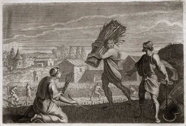 Bijbel van Royaumont, Oude Testament: Ruth volgt haar schoonmoeder Naomi naar het land van Juda en oogst de tarwevelden van Boaz. Illustratie uit 1811
