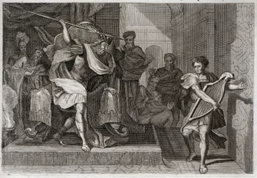 Royaumont Bijbel, Oude Testament: Saul wil David doden. Saul vol woede en jaloezie tegen David, wil hem met zijn speer doorboren terwijl hij voor hem harp speelde. Illustratie uit 1811.