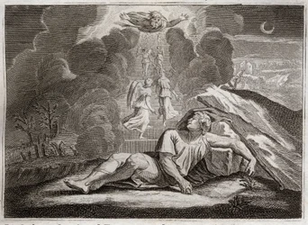 Bijbel van Royaumont, Oude Testament: Ladder van Jakob. Jakob, die vlucht voor de woede van Esau, ziet in zijn slaap een mysterieuze ladder. Illustratie uit 1811.