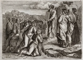 Bijbel van Royaumont, Oude Testament: Tweede Tafelen van de Wet. God geeft Mozes andere tafelen (Tien Geboden), die het volk met respect ontvangt. Illustratie uit 1811.