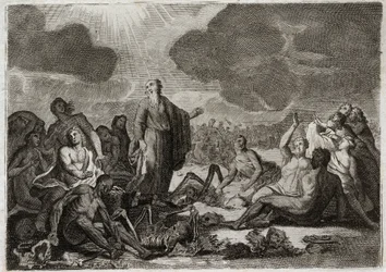 Bijbel van Royaumont, Oude Testament: Tweede visioen van Ezechiël. Het visioen dat de profeet Ezechiël had van verschillende uitgedroogde beenderen die een menselijke vorm aannamen. Illustratie uit 1811.