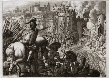 Bijbel van Royaumont, Oude Testament: Belegering van Jeruzalem. Nebukadnezar II belegerde Jeruzalem, nam het in en bracht alle rijkdommen en inwoners van die stad naar Babylon. Illustratie uit 1811.